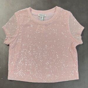 New Rachel Zoe Pink Short Sleeve Top All Over Sequin Shimmering Boxy Tee‎
